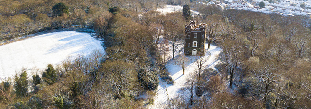 Aerial view of Severndroog Castle in the snow