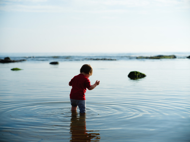 A toddler wades into a still tide pool. The water ripples out from his legs as he looks down and balances himself.