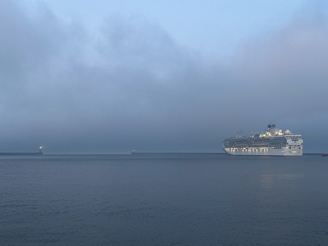 A large cruise ship sails out of the Tyne river in fog during evening blue hour