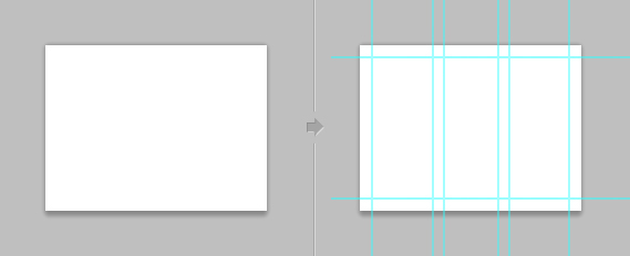 Blank Photoshop document next to document with guides applied in grid structure.