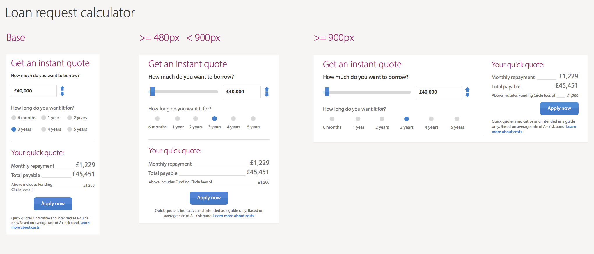 Calculator component shown at three sizes with breakpoints